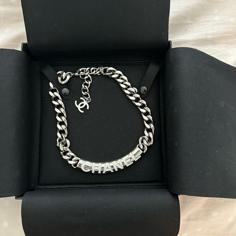 CHANEL Silver Logo Chain necklace